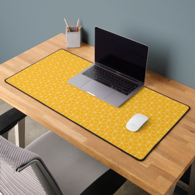 Vibrant Yellow Hexagonal Cube Pattern Design Desk Mat (Office 2)