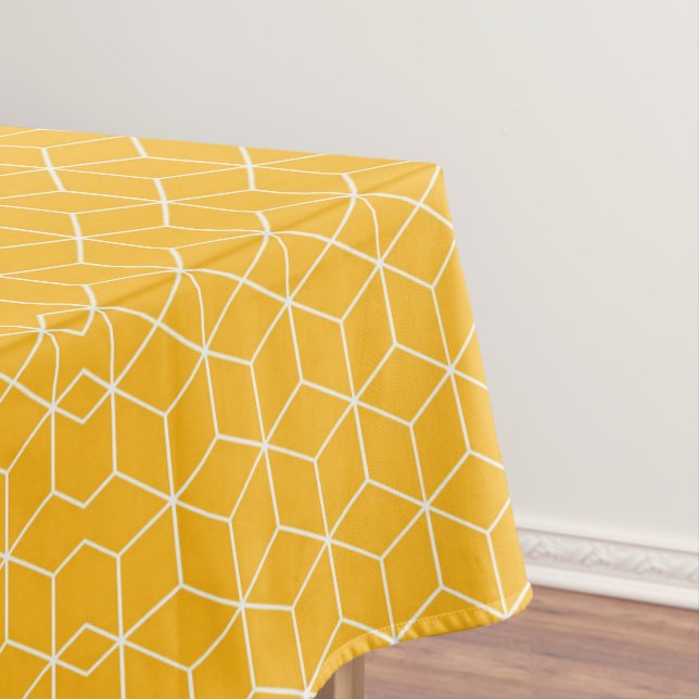 Vibrant Yellow Hexagonal Cube Pattern Design Tablecloth (In Situ)