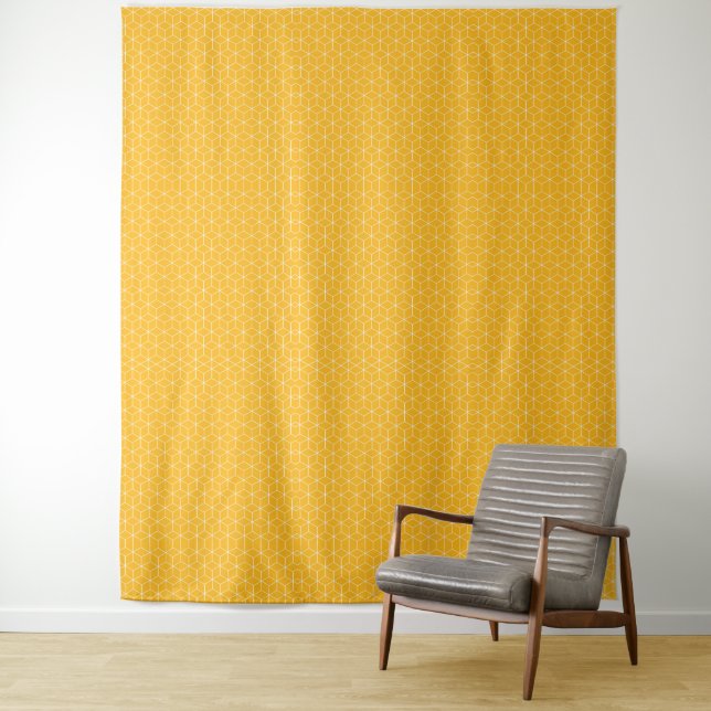 Vibrant Yellow Hexagonal Cube Pattern Design Tapestry (In Situ)