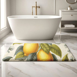 Vibrant Yellow Lemon and Blue Watercolor Botanical Bath Mat