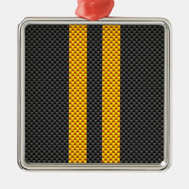 Vibrant Yellow Racing Stripes Carbon Fibre Style Metal Ornament (Front)