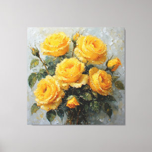 Vibrant Yellow Roses with Dew Oil Painting Canvas Print