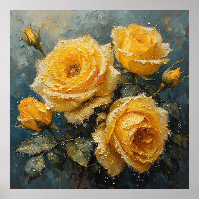 Vibrant Yellow Roses with Dew Oil Painting Poster (Front)