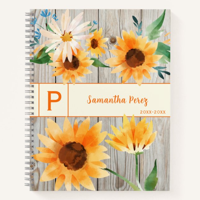 Vibrant Yellow Sunflower Watercolor Country Notebook (Front)