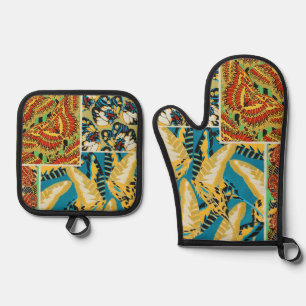 Vibrant Yellow & Teal Art Deco Butterfly Art Oven Mitt & Pot Holder Set