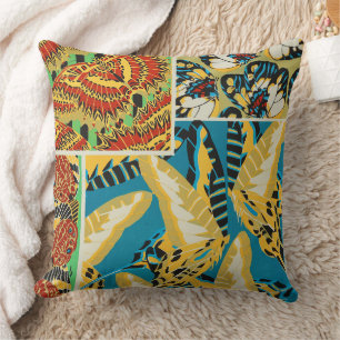 Vibrant Yellow & Teal Art Deco Butterfly Art Throw Pillow