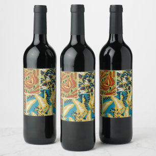 Vibrant Yellow & Teal Art Deco Butterfly Art Wine Label