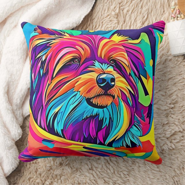 Vibrant Yorkie Pop Art Throw Pillow (Blanket)