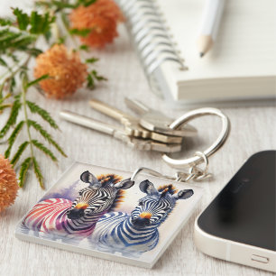 Vibrant Zebra Duo Watercolor Pointillism Art Keychain