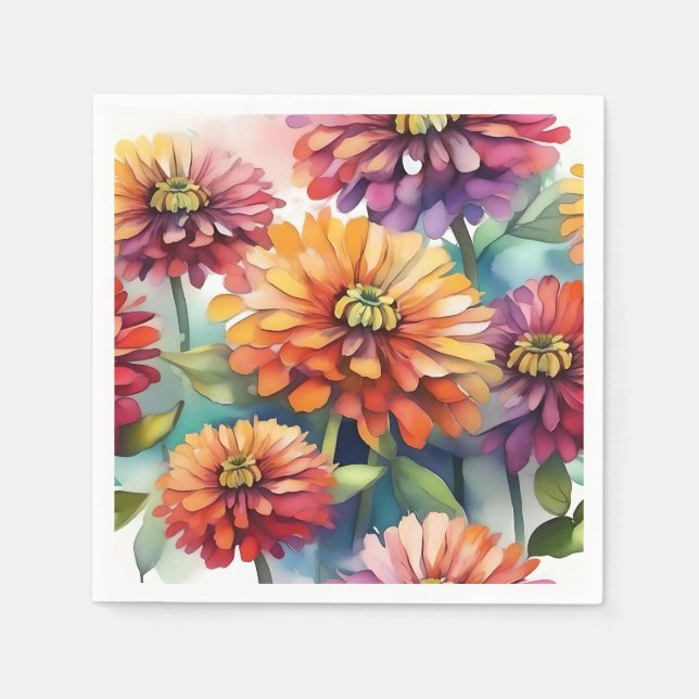 Vibrant Zinnia Blooms Abstract Watercolor Napkin (Front)