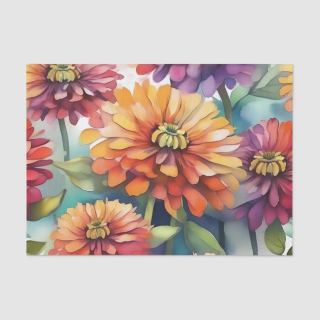 Vibrant Zinnia Blooms Abstract Watercolor Tissue Paper (Front)