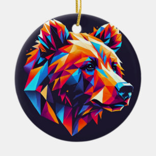 Vibrantly Coloured Geometric Bear Illustration Ceramic Ornament