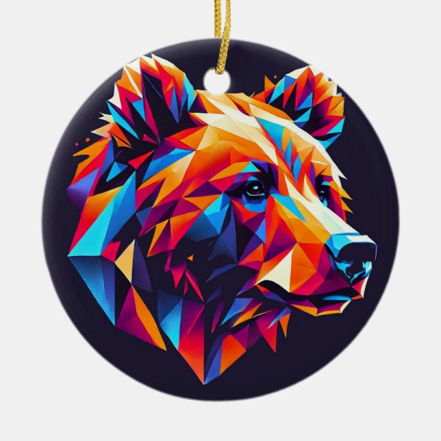 Vibrantly Coloured Geometric Bear Illustration Ceramic Ornament (Front)