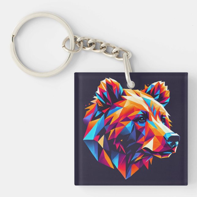 Vibrantly Coloured Geometric Bear Illustration Keychain (Front)