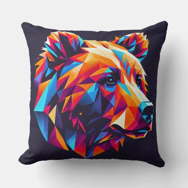 Vibrantly Coloured Geometric Bear Illustration Throw Pillow (Front)