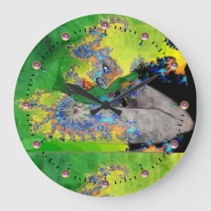 VIBRATIONS OF MATTER,FRACTAL WOMAN IN GREEN YELLOW LARGE CLOCK
