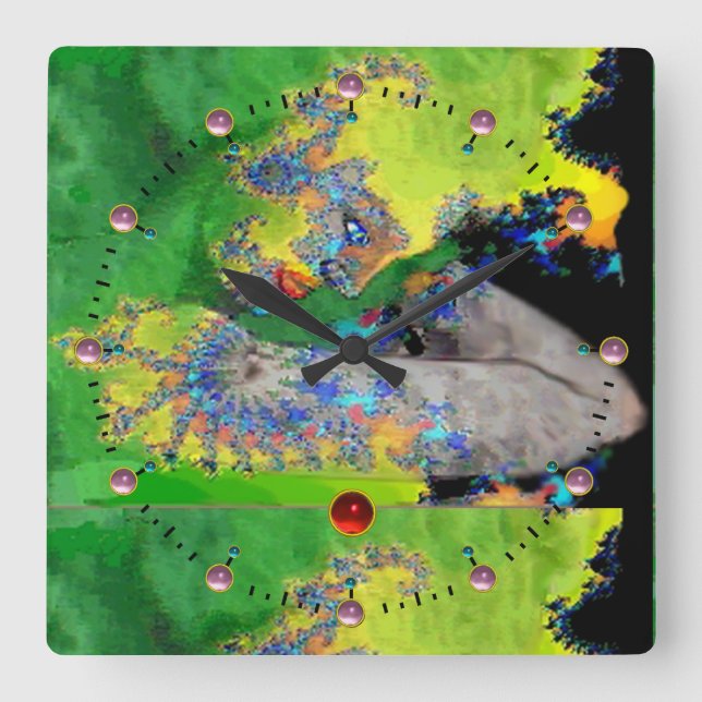 VIBRATIONS OF MATTER,LADY IN GREEN YELLOW FRACTALS SQUARE WALL CLOCK (Front)