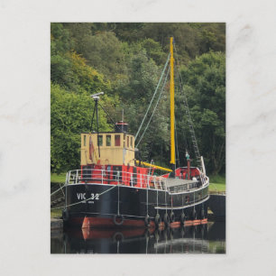 Vic32 Puffer Boat in Crinan Canal Basin, Scotland, Holiday Postcard