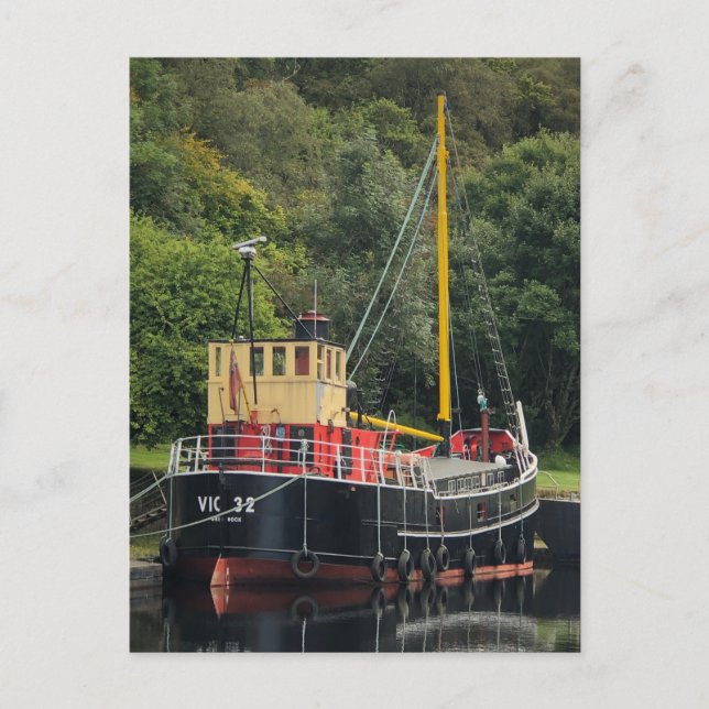 Vic32 Puffer Boat in Crinan Canal Basin, Scotland, Holiday Postcard (Front)