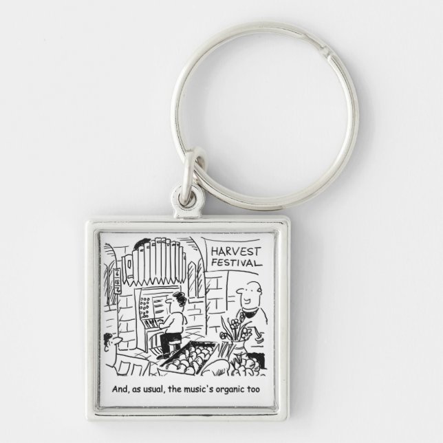 Vicar at Church Harvest Festival. Funny Cartoon Keychain (Front)