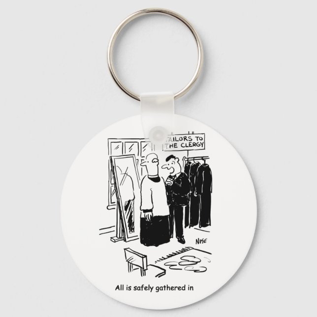 Vicar has a Cassock Fitting Church Cartoon Keychain (Front)
