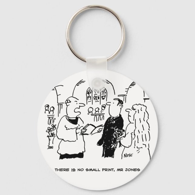 Vicar Says There's No Small Print. Funny Cartoon Keychain (Front)