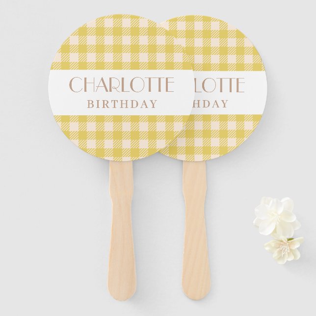 Vichy farmhouse yellow gingham plaid checked party hand fan (Front and Back)