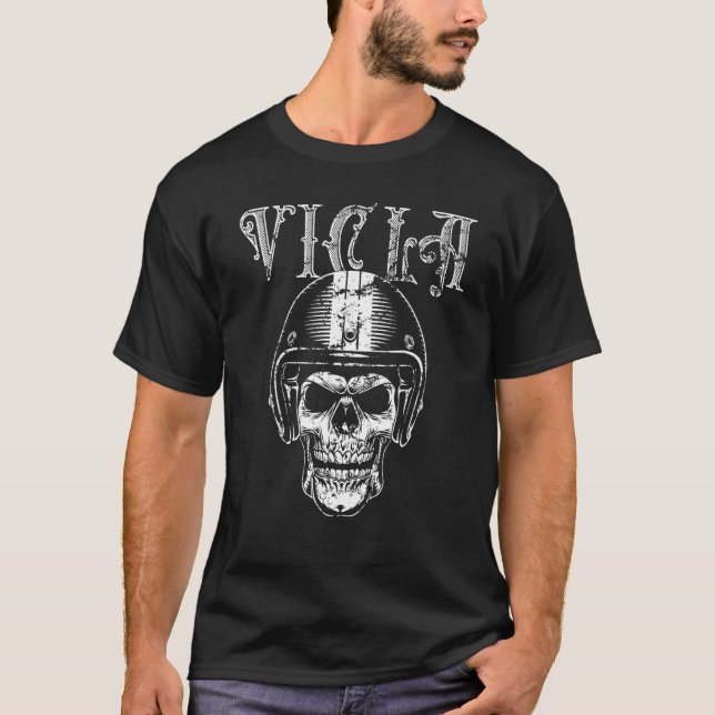 Vicla Gangster Biker Skull Motorcycle Rider Design T-Shirt (Front)