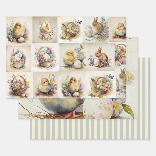 Vicotrian Easter Bunny & Chick  Wrapping Paper Sheet (Set)
