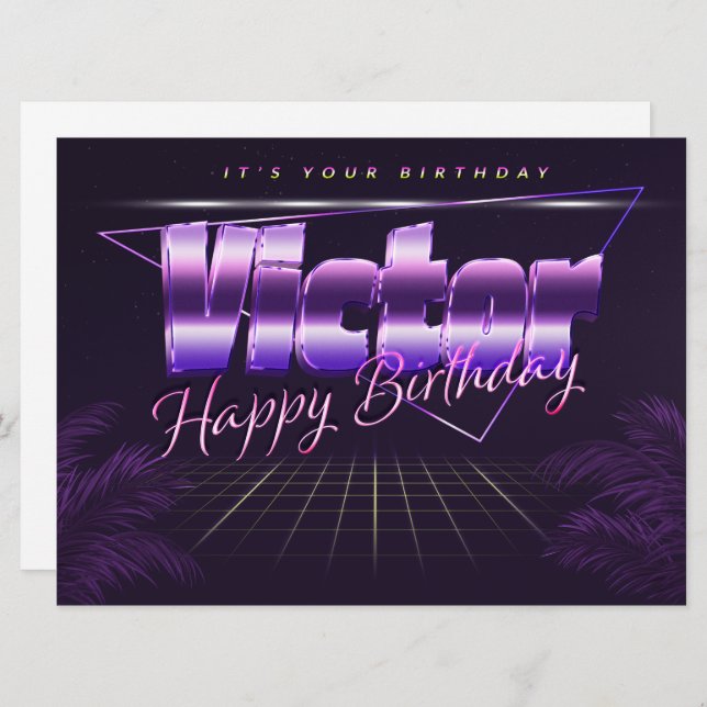 Victor Nom Prénom carte rétro lilas Anniversaire (Devant / Derrière)