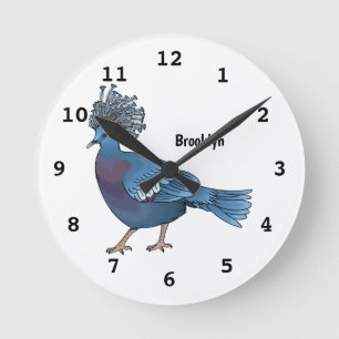 Victoria crowned pigeon bird cartoon illustration round clock