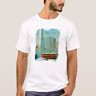 Victoria Harbor Hong Kong Retro Skyline Watercolor T-Shirt