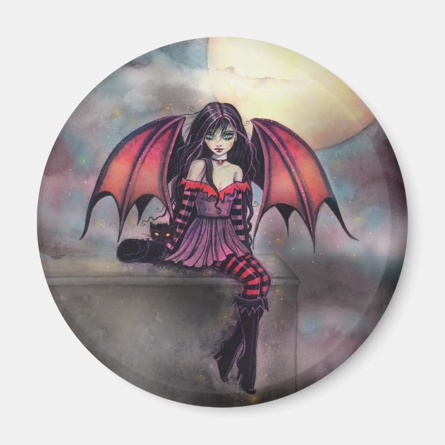 Victoria Vampire Fairy with Cat Halloween Art Magnet (Front)