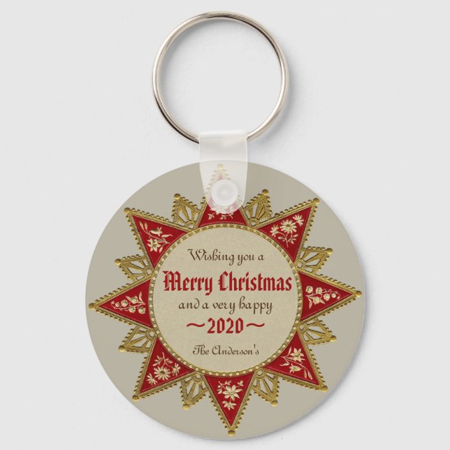 Victorian 16-point red gold Christmas star CC0965 Keychain (Front)