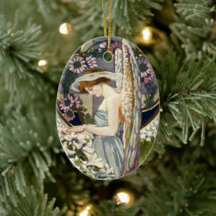 Victorian Angel and Vintage Easter Lily Flowers Ceramic Ornament
