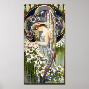 Victorian Angel and Vintage Easter Lily Flowers Poster