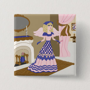 Victorian Angel Blue and Pink Singing by Fireplace 2 Inch Square Button