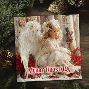 Victorian angel red poinsettias elegant holiday  card