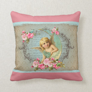 Victorian Angel vintage blue rose pink antique Throw Pillow