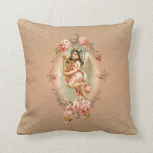 Victorian Angel vintage historical roses ornament Throw Pillow