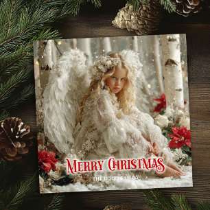 Victorian angelic angel red poinsettias holiday  card