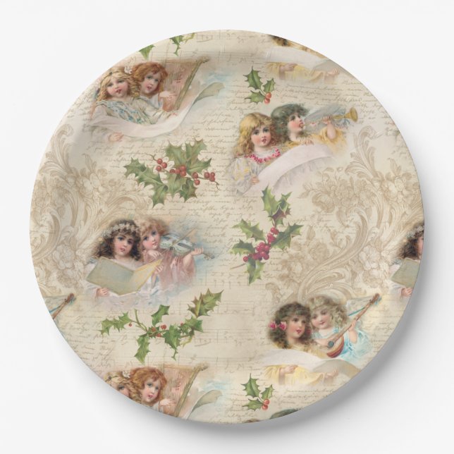 Victorian Angels w/Music, Script & Holly Paper Plate (Front)