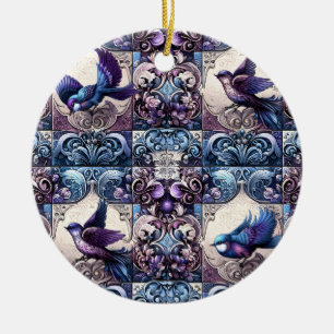 Victorian Aviary: A Purple Tile Garden Ceramic Ornament