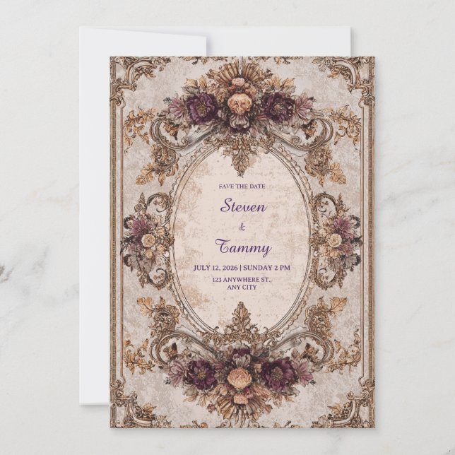 Victorian Baroque Floral Frame Wedding Invitation (Front)