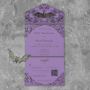 Victorian Bat Til Death Black & Purple QR Code All In One Invitation