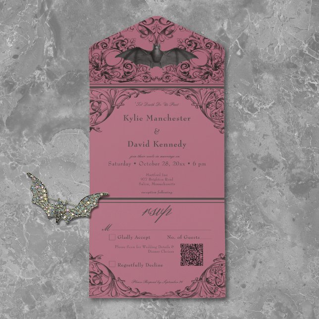 Victorian Bat Til Death Black Wine Wedding QR Code All In One Invitation (Creator Uploaded)