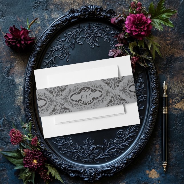 Victorian Bat Until Death Black & Grey Wedding Invitation Belly Band (Creator Uploaded)