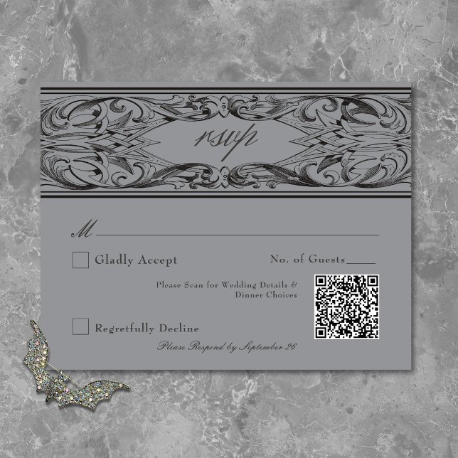 Victorian Bat Until Death Black & Grey Wedding RSVP Card (Victorian Bat Until Death Black & Gray Wedding RSVP Card)