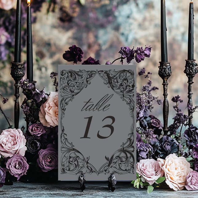 Victorian Bat Until Death Black & Grey Wedding Table Number (Creator Uploaded)