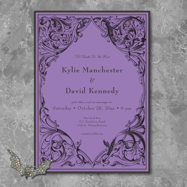 Victorian Bat Until Death Black & Purple Wedding Invitation (Creator Uploaded)